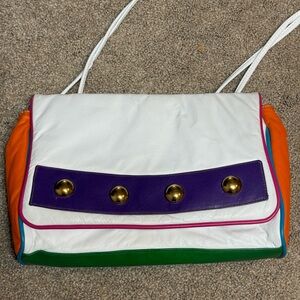 Vintage Multicolored Leather Crossbody Bag with Gold Studs Made in USA